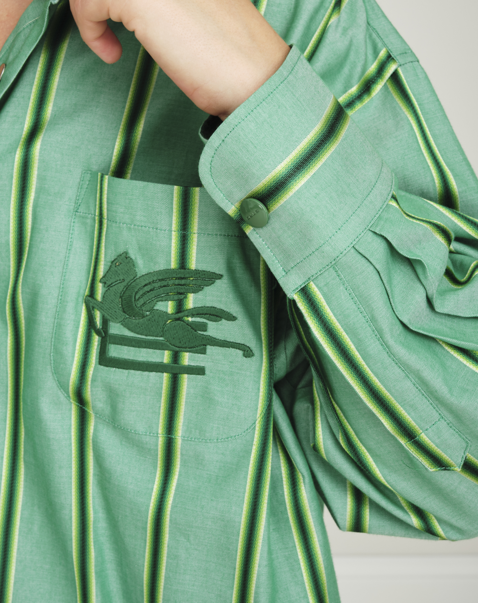 Etro - Oversized Embridered Green Striped Cotton And Silk Blend Shirt IT38